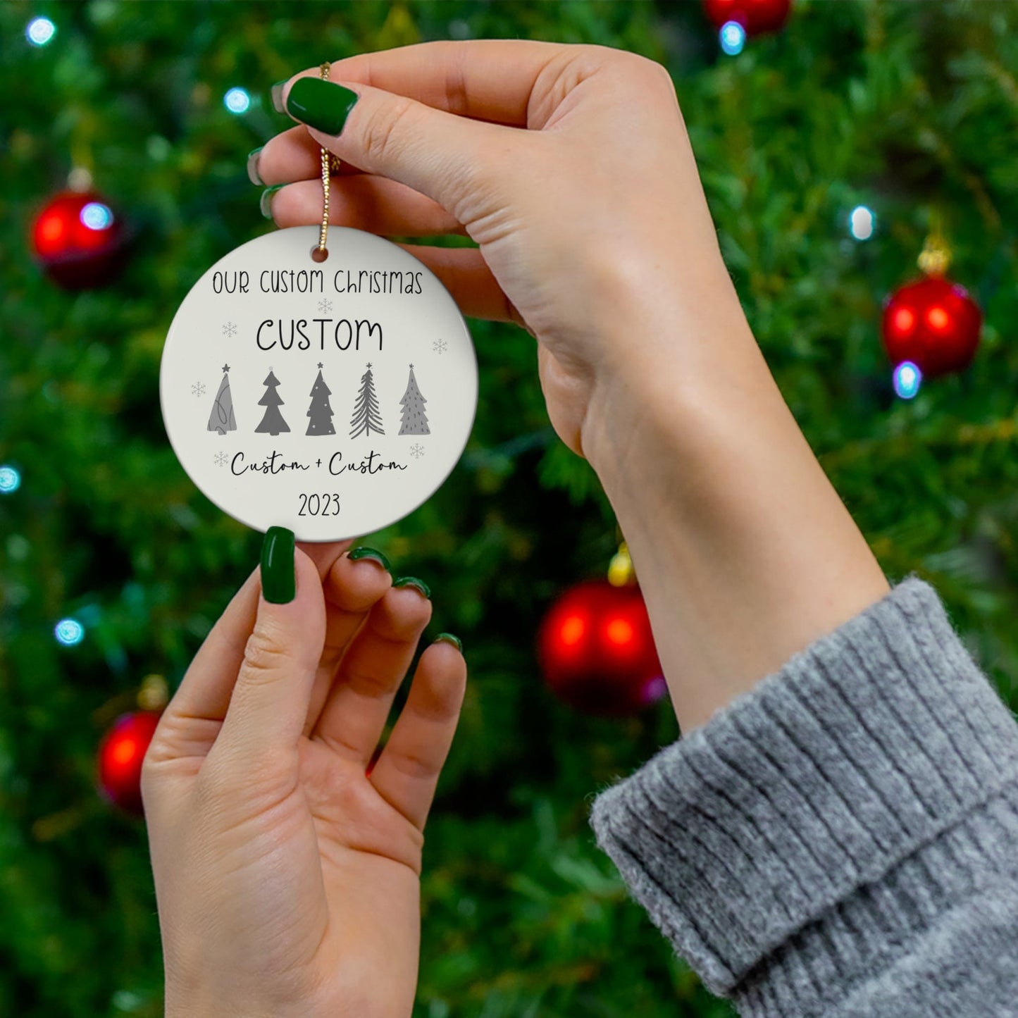 Custom Double Printed Our First Christmas Engaged Married Ceramic Ornament