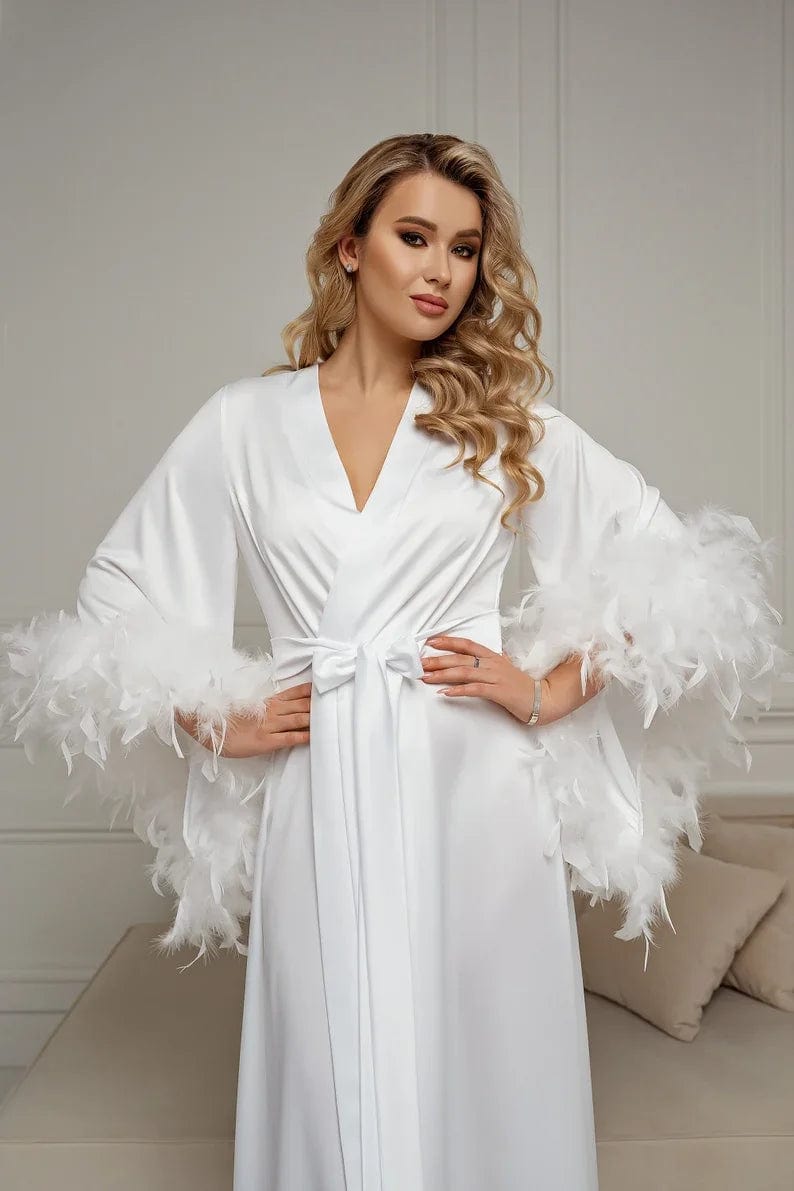 Feather Trim Floor Length Satin Kimono Bridal Robe Wedding Dressing Gown