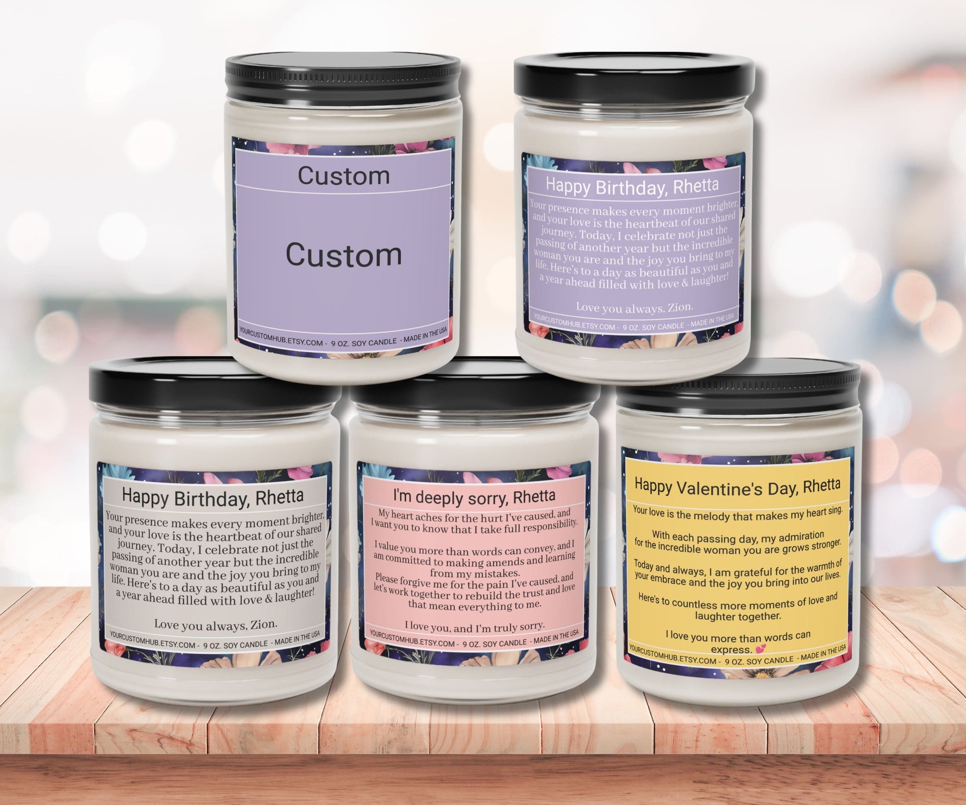 Consider a Custom Text Scented Candle! Experience the amazing scents of our 9oz glass jars, made with a natural soy wax blend and 100% cotton wicks. Add your own touch with a personalized permanent adhesive label and choose from a variety of aromatic scents. Our candles are assembled in the USA from globally sourced materials and have a long burning time of 50-60 hours.