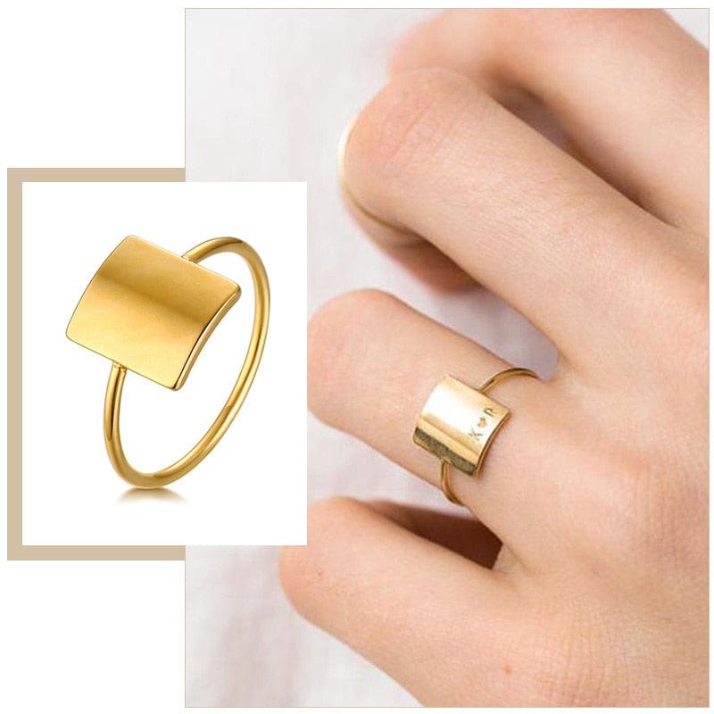 Minimalist Rectangle Signet Rings for Women, Personalized Name Stamp Band Gold Tone Stainless Steel Jewelry Custom Initial Gift