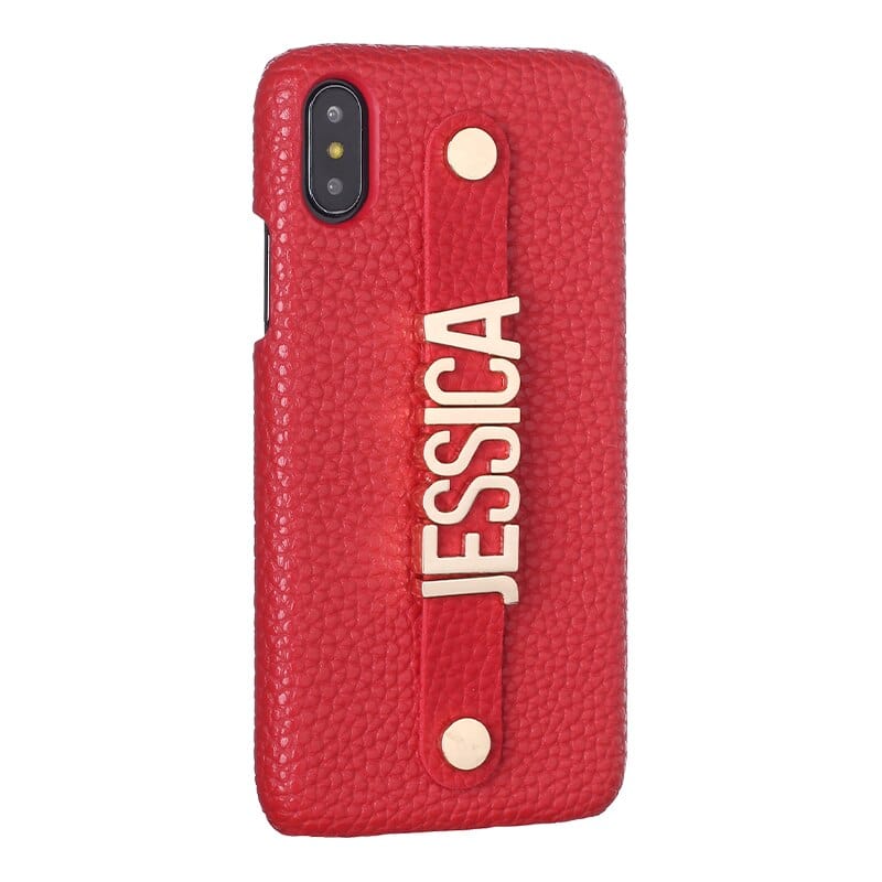 Holding Strap Letter Custom Personalize Name Pebble Leather Phone Case For iPhone14 14ProMax 14Plus 13Promax 13 12 1Luxury Cover