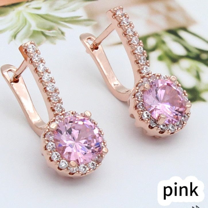 Women Rose Gold Color Round Cubic Zirconia Dangle Earrings For Women Wedding Party Jewelry Gift