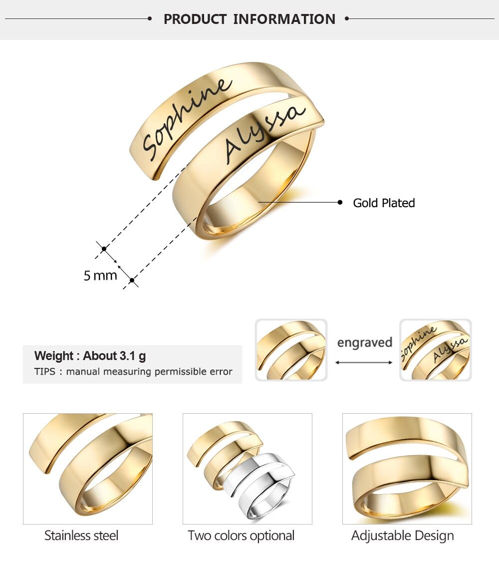 Personalized Gift Customized Engraved Name Stainless Steel Adjustable Rings for Women Anniversary Jewelry