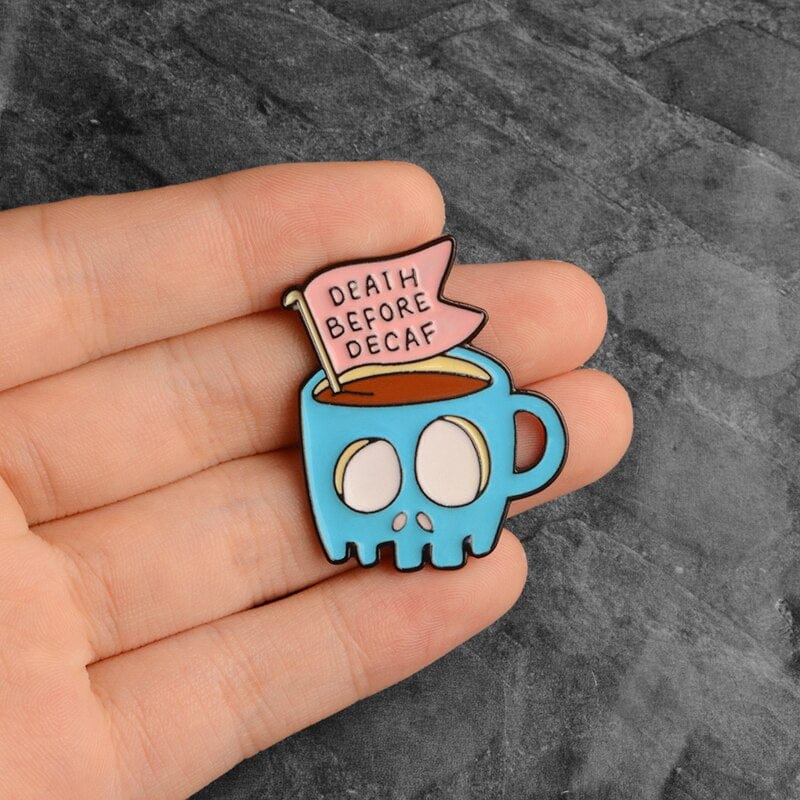 Blue Skull Coffee Cup DEATH BEFORE DECAF Don't Be A Heart Balck Tear Can Enamel Brooches Lapel Pin