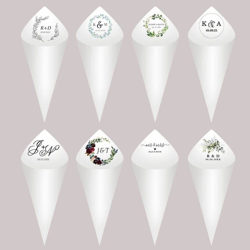 30Pcs Personalized Wedding Cones,White Paper Size 16x16cm ,Custom Name Date Confetti Toss Cones for Bridal Shower Party Favors