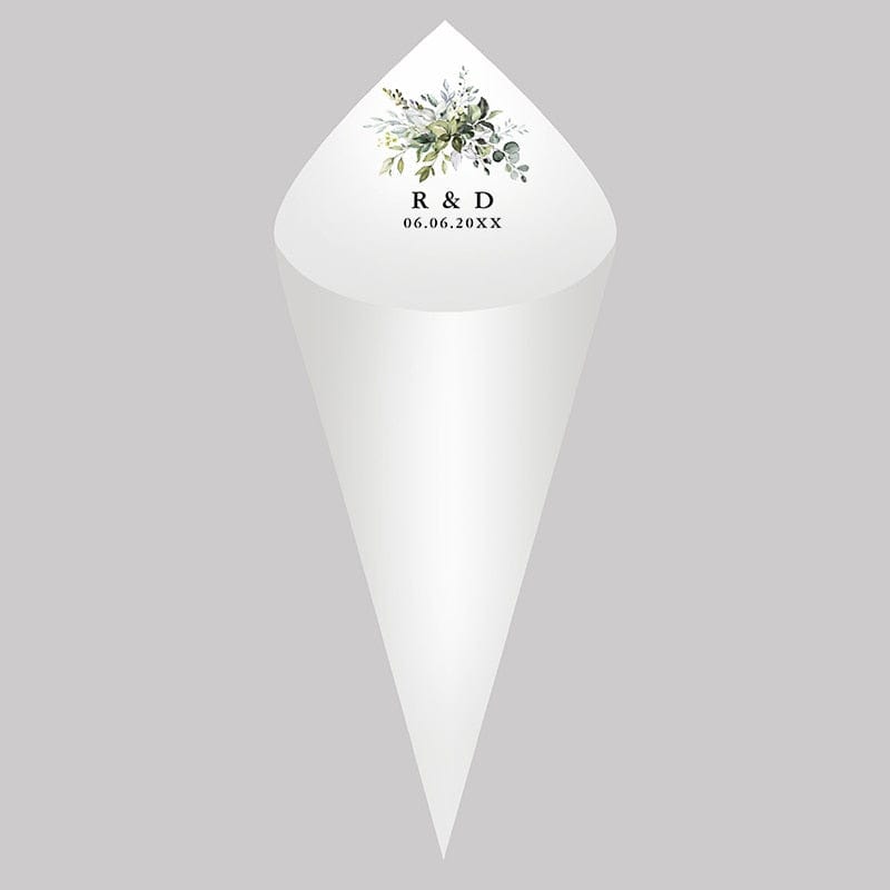 30Pcs Personalized Wedding Cones,White Paper Size 16x16cm ,Custom Name Date Confetti Toss Cones for Bridal Shower Party Favors