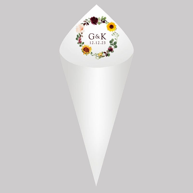 30Pcs Personalized Wedding Cones,White Paper Size 16x16cm ,Custom Name Date Confetti Toss Cones for Bridal Shower Party Favors