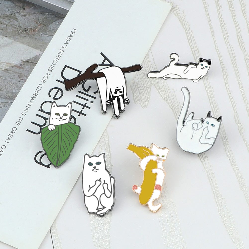 Funny White Cats Enamel Pin Branch Leaf Banana Cat Animals Brooch Women Men Lapel Pins Denim Jeans Badge Cartoon Jewelry Gifts