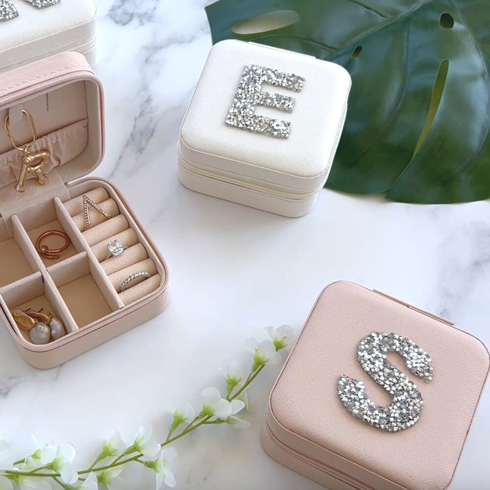 Personalized Rhinestone Initial Jewelry Box Travel Jewelry Case Mother's Day Birthday Holiday Gifts for Her Bridesmaid Party