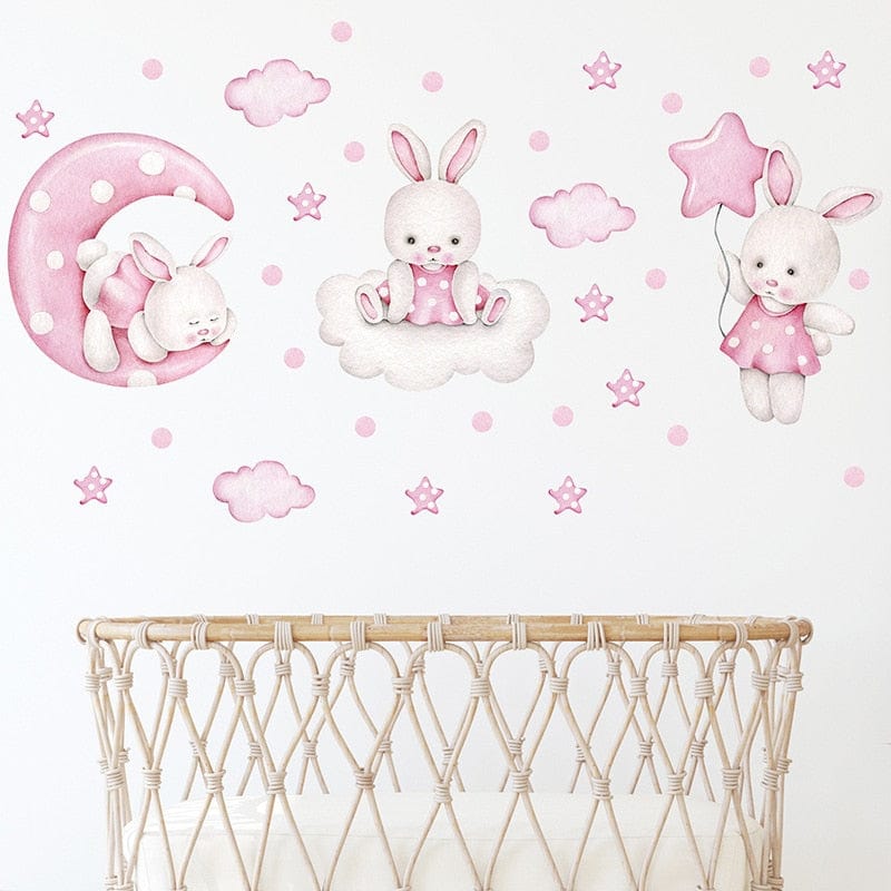 Baby Girls Room Wall Stickers Cartoon Pink Rabbit Wall Decals Bedroom Decoration Kids Room Nursery Room Kindergarten Stickers