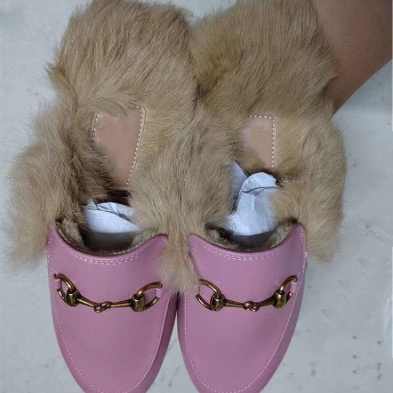 Buckle Fashion Rabbit Hair Muller Shoes Fur Slippers Women's Half Slippers