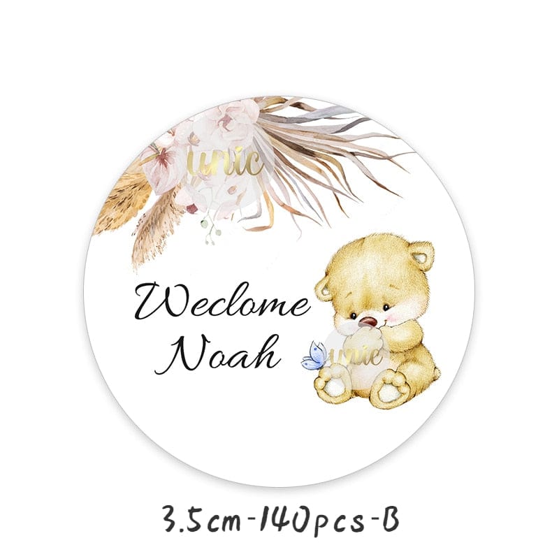 Personalise Pampas Grass Boho Bear Round Sticker Water Bottle Labels 1st Birthday Baby Shower Welcome Baby Baptism Decor Custom