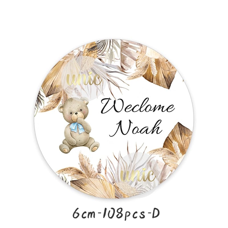 Personalise Pampas Grass Boho Bear Round Sticker Water Bottle Labels 1st Birthday Baby Shower Welcome Baby Baptism Decor Custom