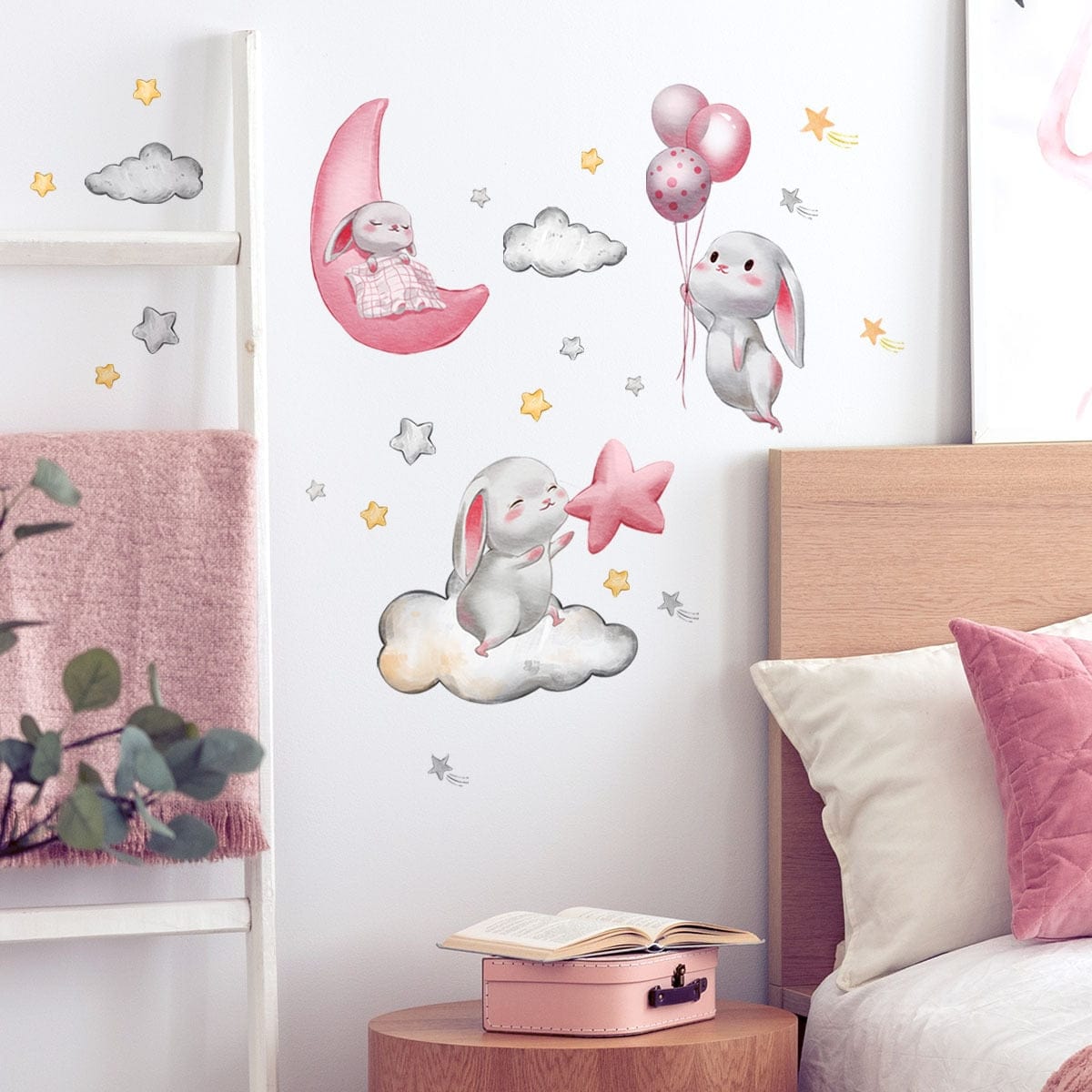 Baby Girls Room Wall Stickers Cartoon Pink Rabbit Wall Decals Bedroom Decoration Kids Room Nursery Room Kindergarten Stickers