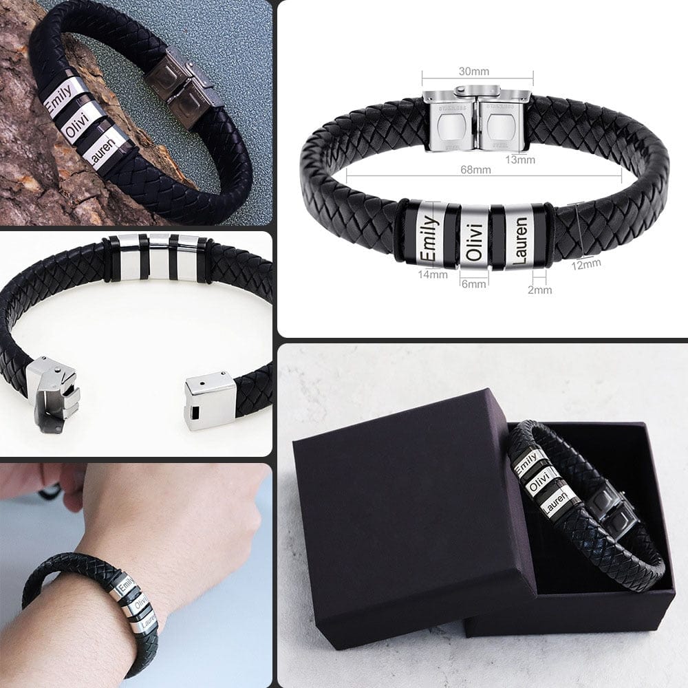 Personalized Mens Genuine Leather Bracelet Stainless Steel Custom Beads Name Charm Bracelet Jewelry for Men with Gift Box