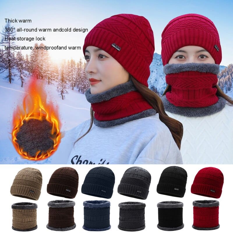 Two-Piece Set Fashion Women Knitted Hat Scarf Caps Neck Warmer Winter Hats For Men Women Beanies Warm Fleece Cap