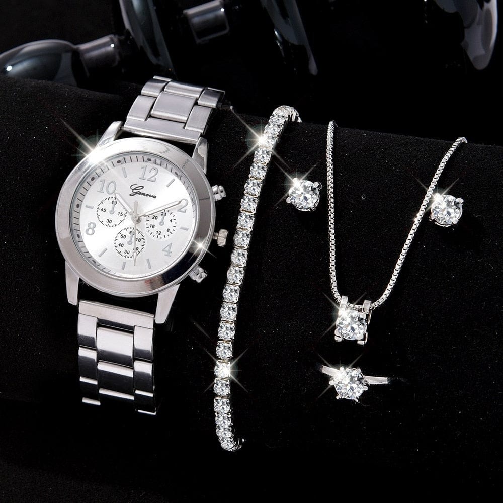 5PCS Set Luxury Watch Women Ring Necklace Earrings Bracelet Rhinestone Fashion Wristwatch Female Casual Ladies Watches Jewelry Set