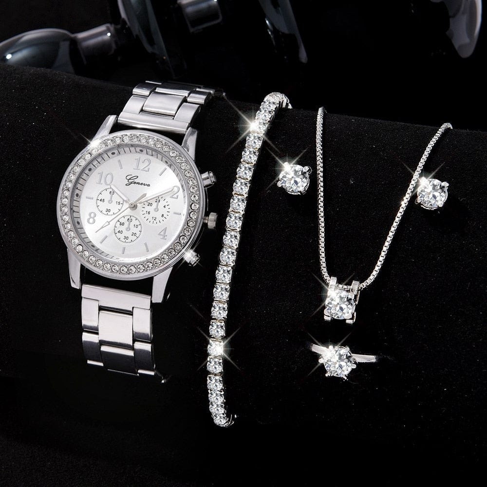 5PCS Set Luxury Watch Women Ring Necklace Earrings Bracelet Rhinestone Fashion Wristwatch Female Casual Ladies Watches Jewelry Set