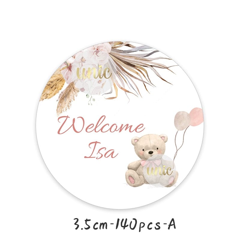 Personalise Pampas Grass Boho Bear Round Sticker Water Bottle Labels 1st Birthday Baby Shower Welcome Baby Baptism Decor Custom