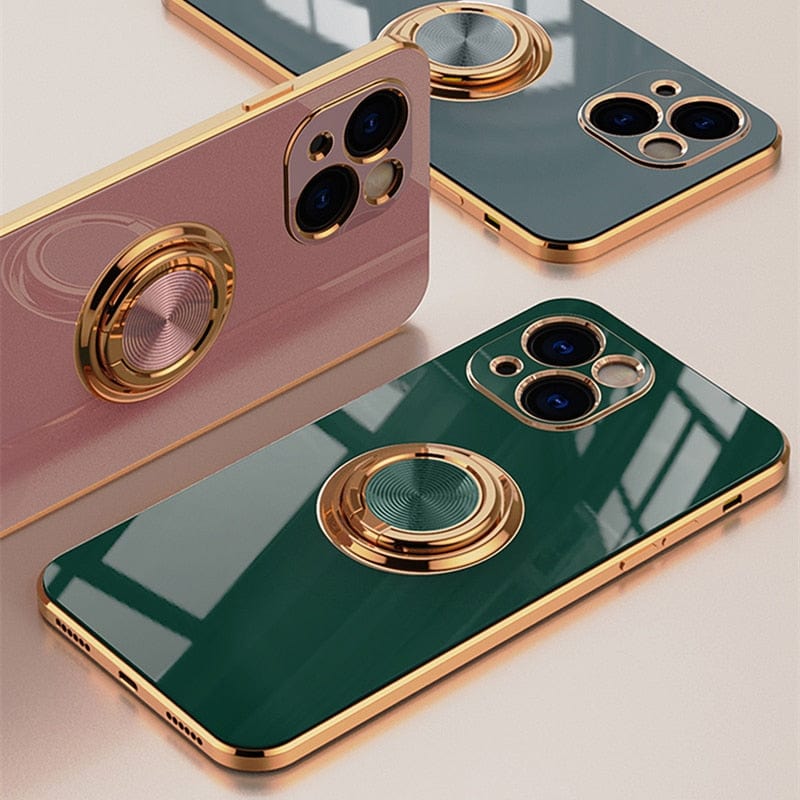 Luxury Plating Silicone Case For iPhone 14 13 12 11 Pro Xs Max Mini SE X XR 7 8 Plus Metal Ring Holder Stand Soft Phone Cover