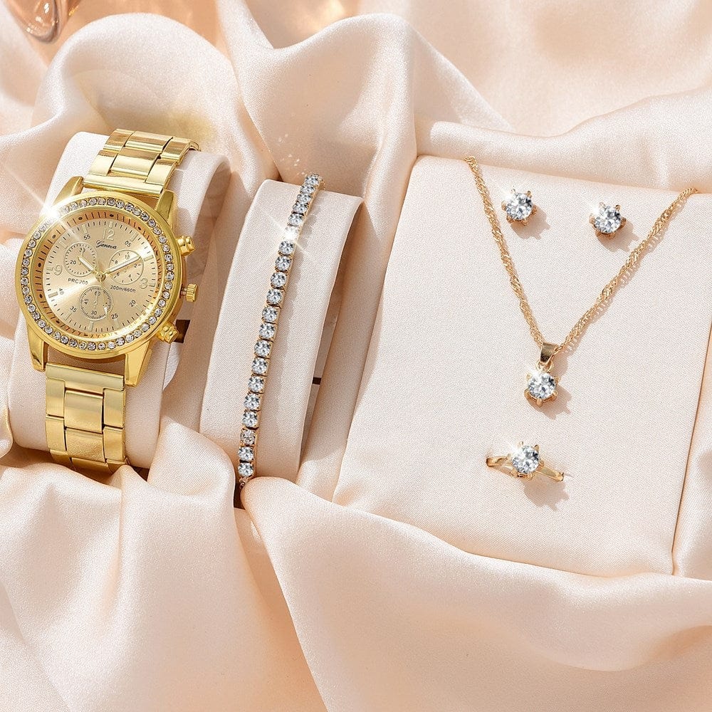 5PCS Set Luxury Watch Women Ring Necklace Earrings Bracelet Rhinestone Fashion Wristwatch Female Casual Ladies Watches Jewelry Set