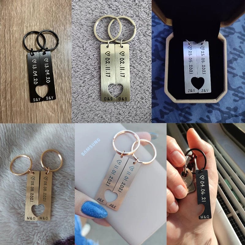 Personalized Heart Keychain Set Engraved Date and Name Love Keyring Gift for Couples