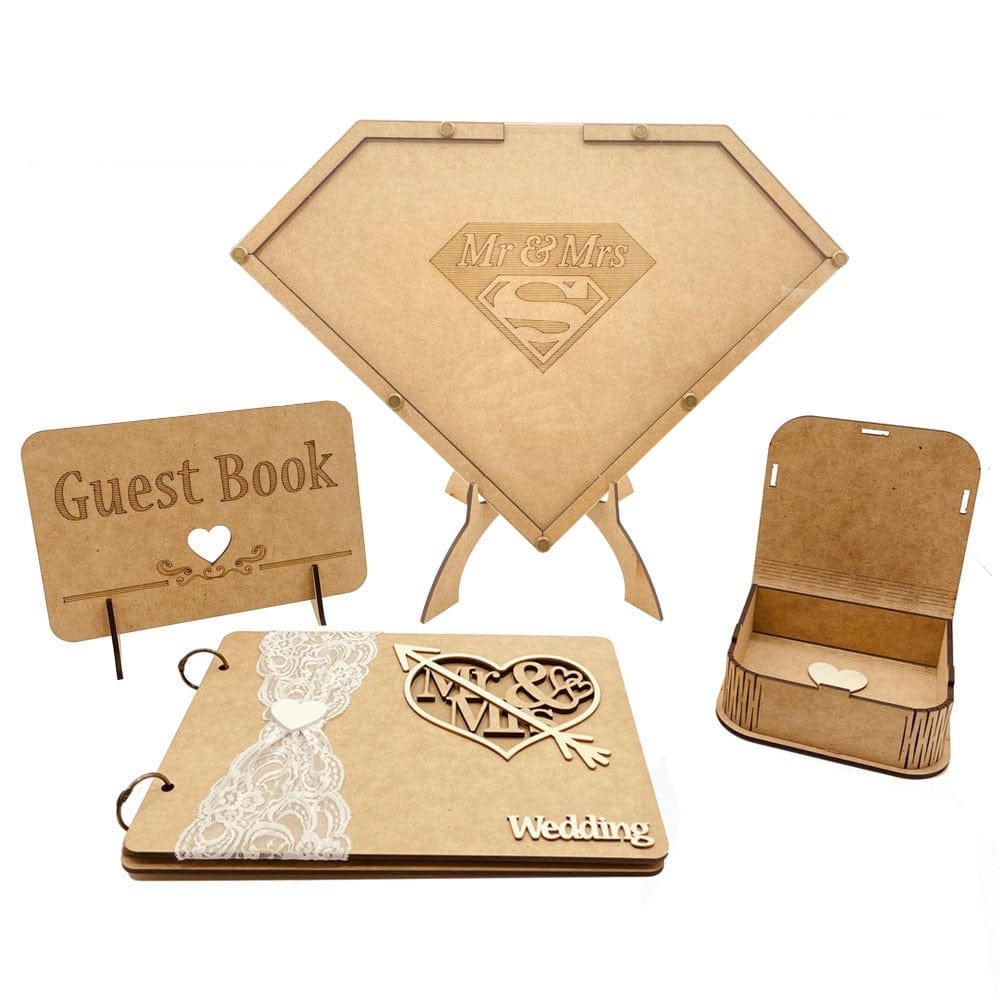 Personalized Wedding Guest Book 4pcs Set Rustic Sweet Heart Drop box