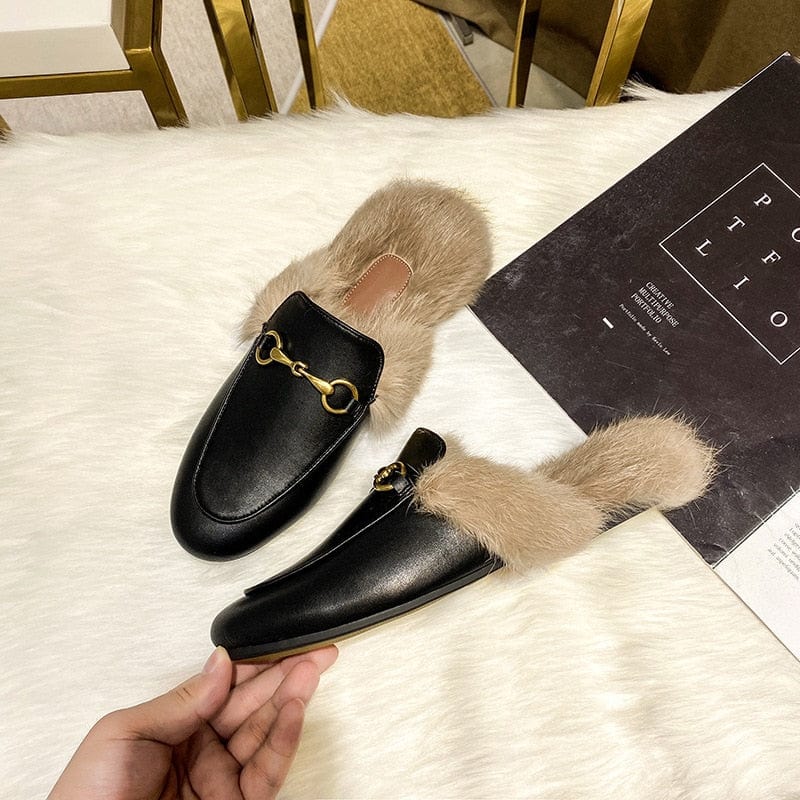 Buckle Fashion Rabbit Hair Muller Shoes Fur Slippers Women's Half Slippers