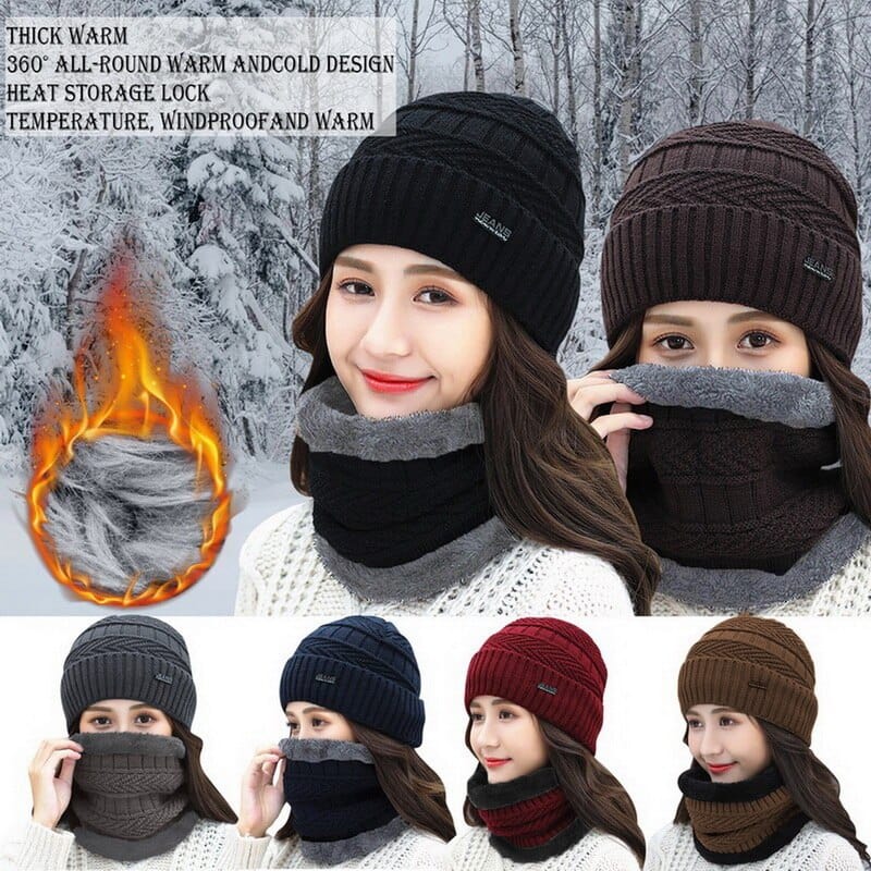 Two-Piece Set Fashion Women Knitted Hat Scarf Caps Neck Warmer Winter Hats For Men Women Beanies Warm Fleece Cap