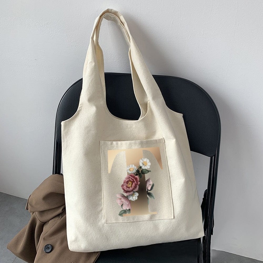 Women Fashion New Commuter Bag Shoulder Bag Letter Initial Name Pattern Print Beige Canvas Tote Bag Shopping Student Tote Bag