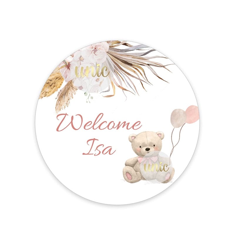 Personalise Pampas Grass Boho Bear Round Sticker Water Bottle Labels 1st Birthday Baby Shower Welcome Baby Baptism Decor Custom