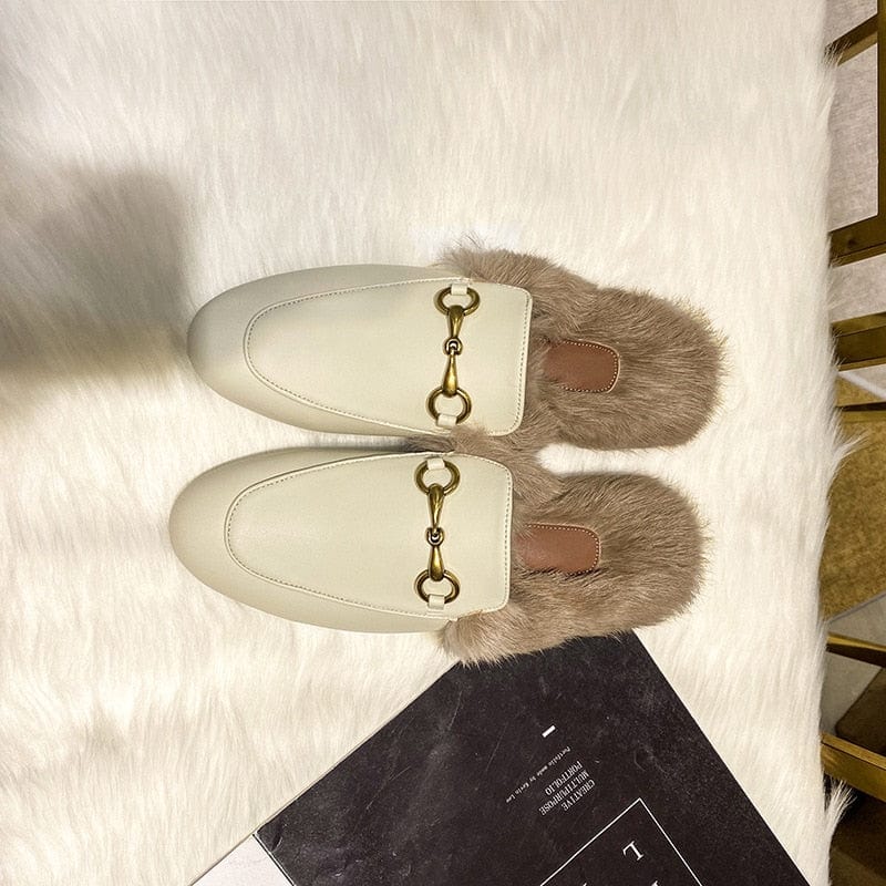 Buckle Fashion Rabbit Hair Muller Shoes Fur Slippers Women's Half Slippers