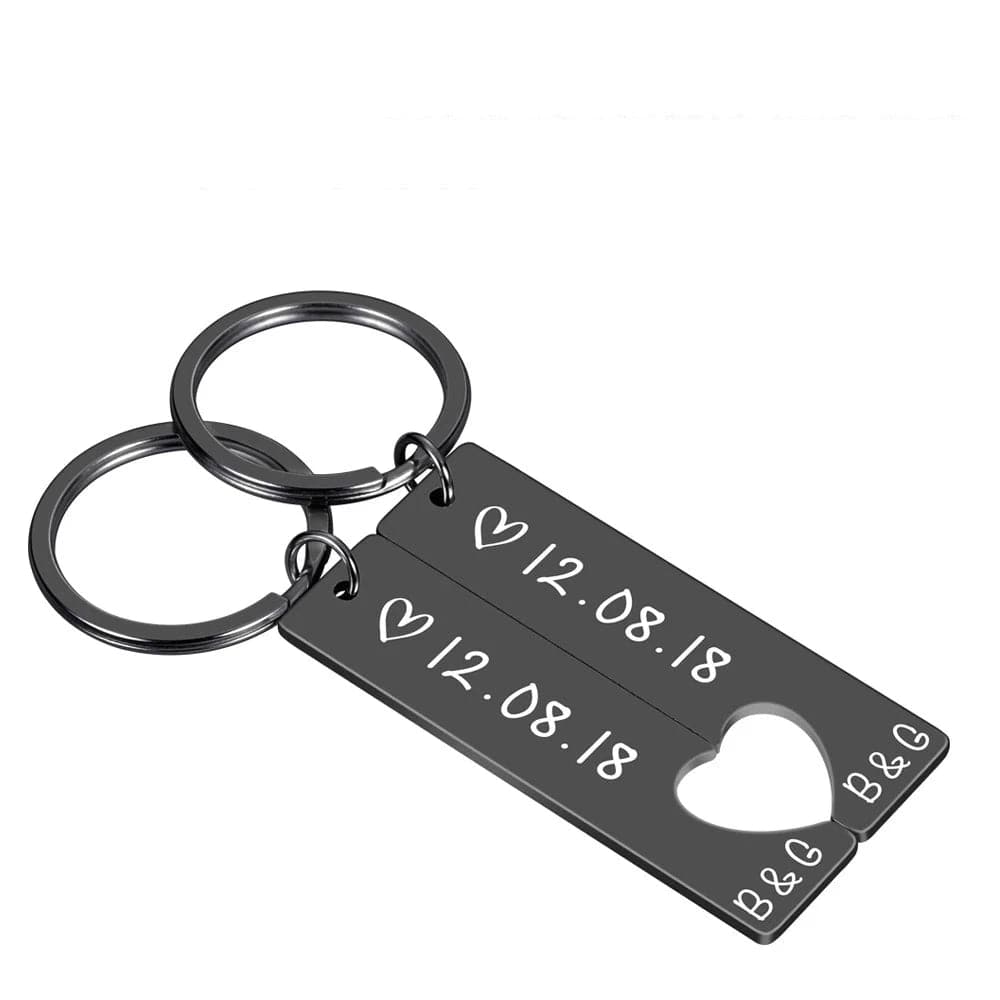 Personalized Heart Keychain Set Engraved Date and Name Love Keyring Gift for Couples