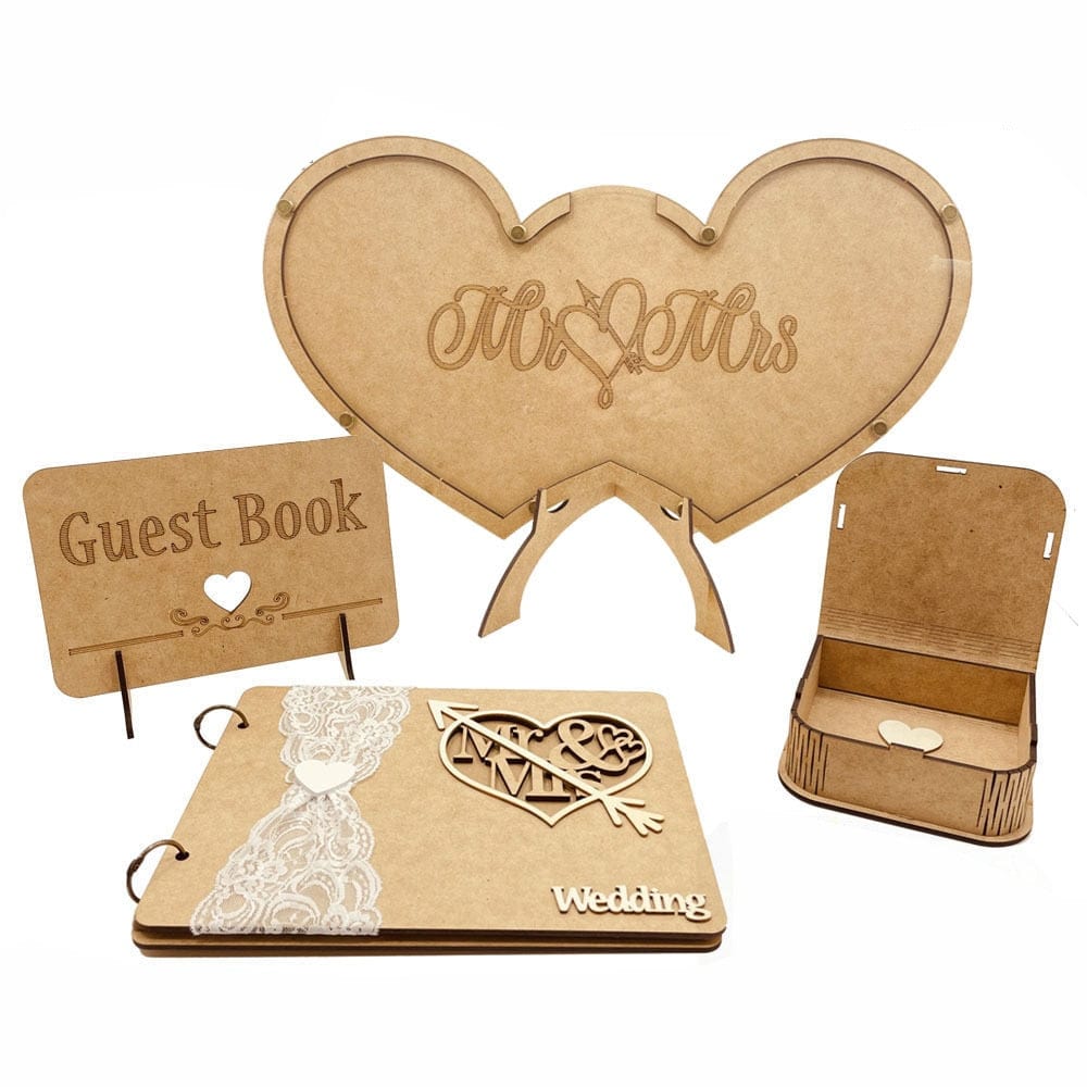 Personalized Wedding Guest Book 4pcs Set Rustic Sweet Heart Drop box