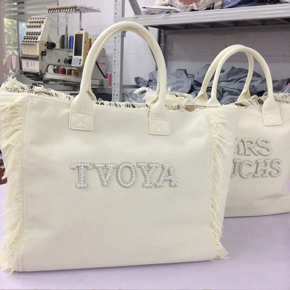 Custom Canvas Tote Bag for Bride With Fringe Pearl Letters Rhinestones