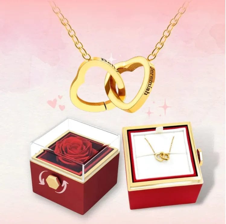 Custom Double Heart engraved Name Necklace Eternal Rose box for Valentine's Day