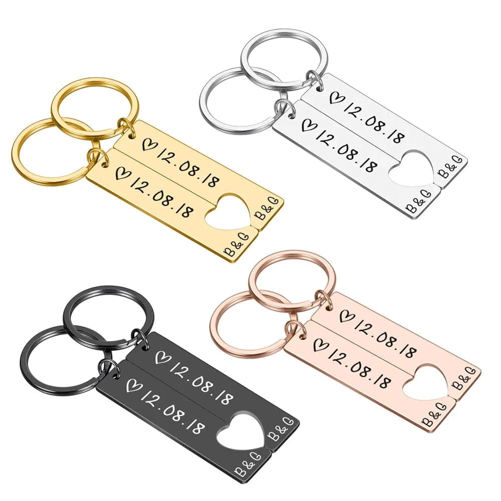 Personalized Heart Keychain Set Engraved Date and Name Love Keyring Gift for Couples