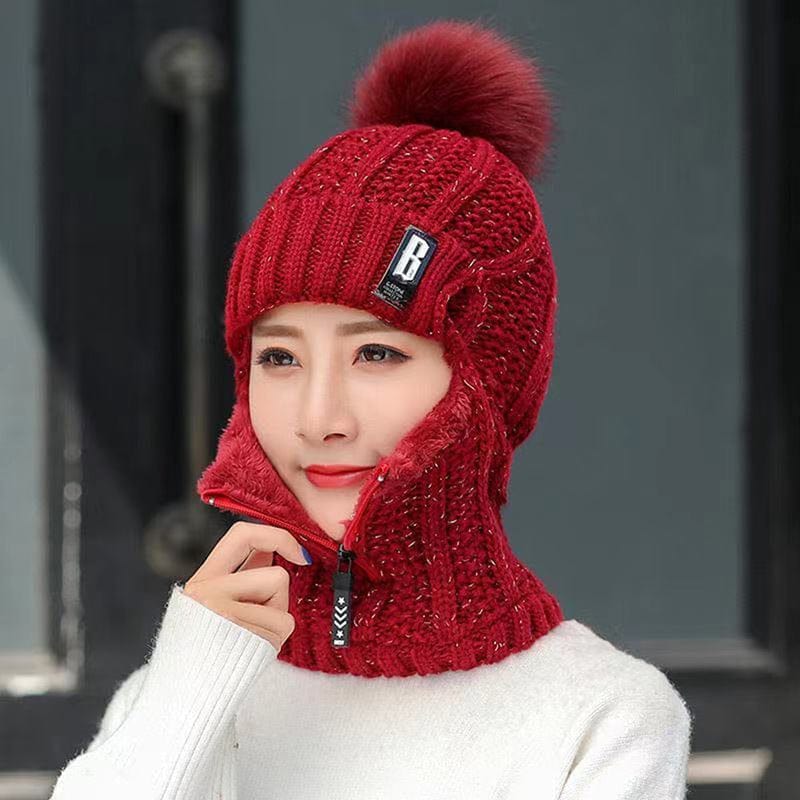 Women Wool Knitted Hat Ski Hat Windproof Winter Outdoor Knit Thick Siamese Scarf Collar Warm Keep Face Warmer Beanies Hat