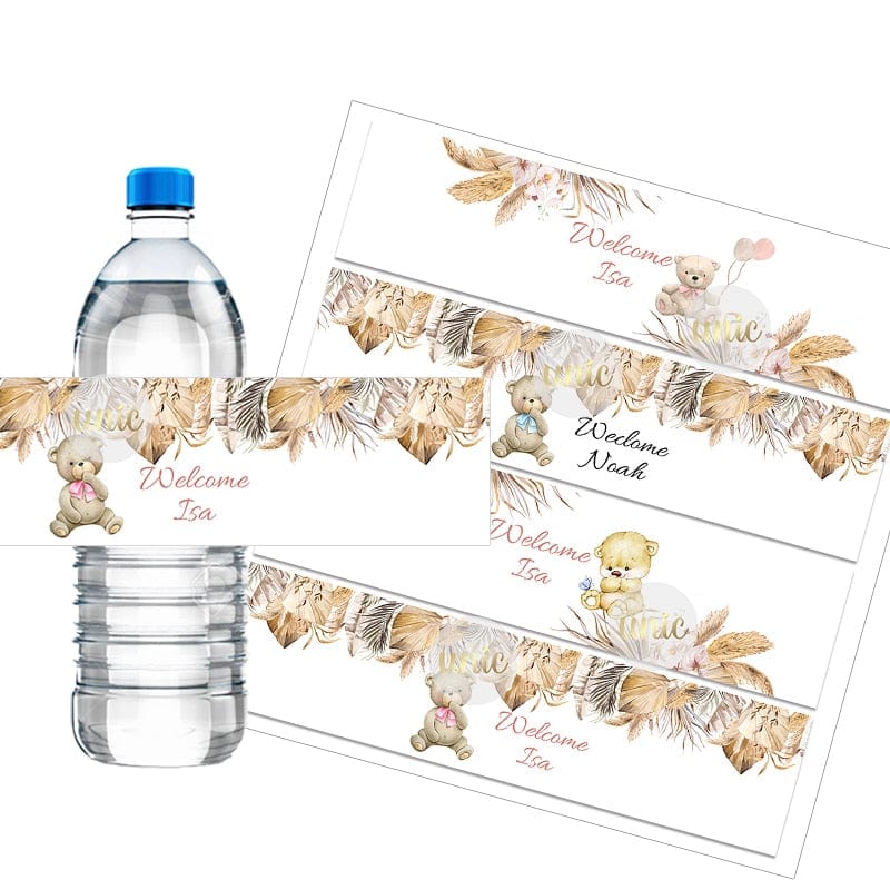 Personalise Pampas Grass Boho Bear Round Sticker Water Bottle Labels 1st Birthday Baby Shower Welcome Baby Baptism Decor Custom