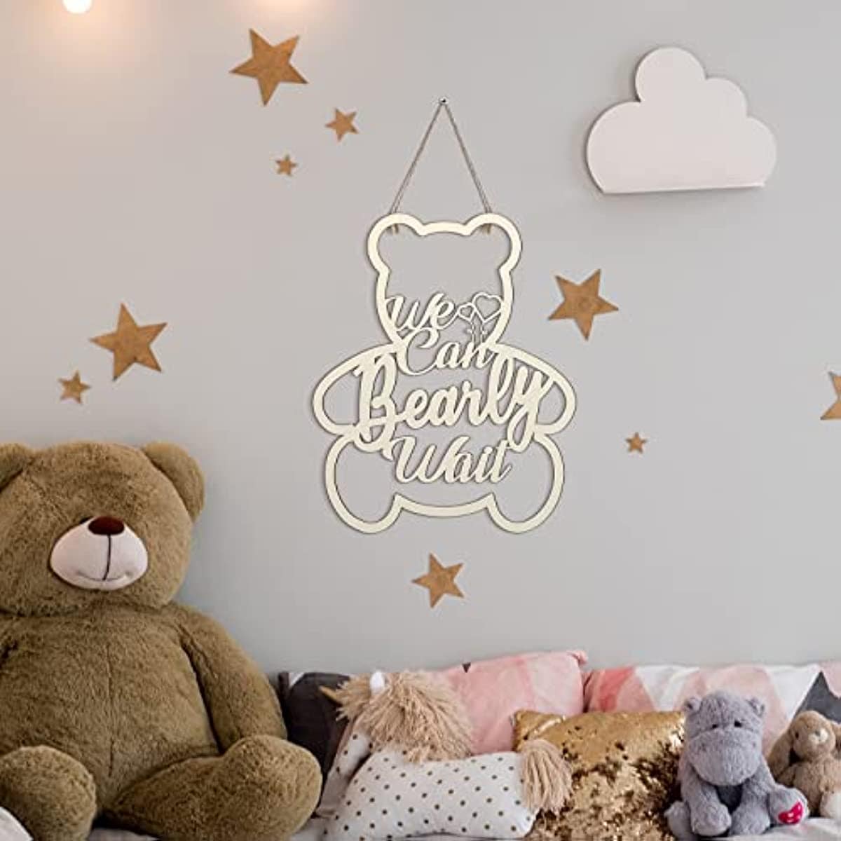 We Can Bearly Wait Baby Shower Decorative Baby Bear Logo Hanging Gender Reveal Door Hanging Birthday Party (Wooden, Bear Shape)