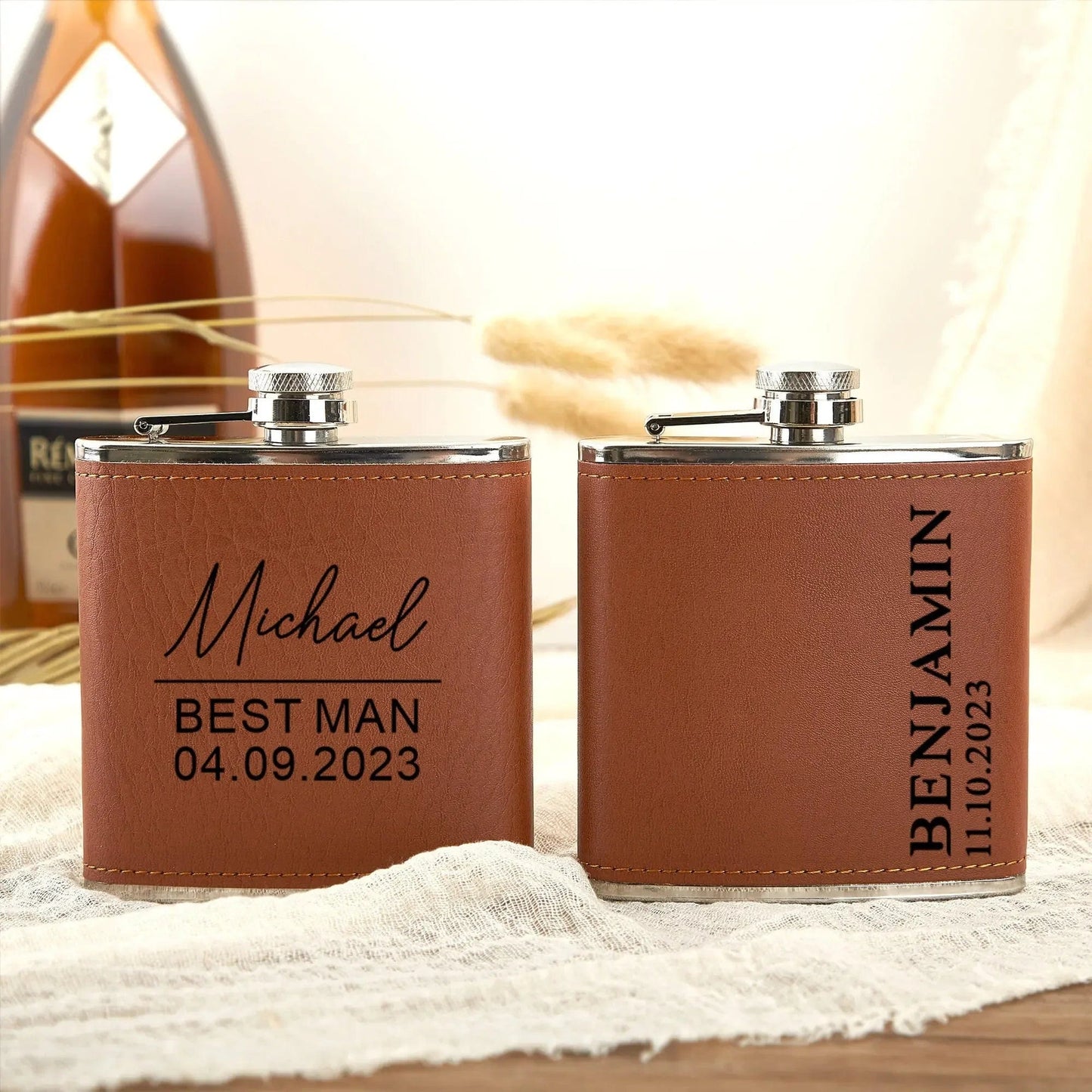 Personalized Flask 6oz Leather Hip Flask Engrave Stainless Steel Flask Best Man Groom Gift Wedding Favors Customized Logo