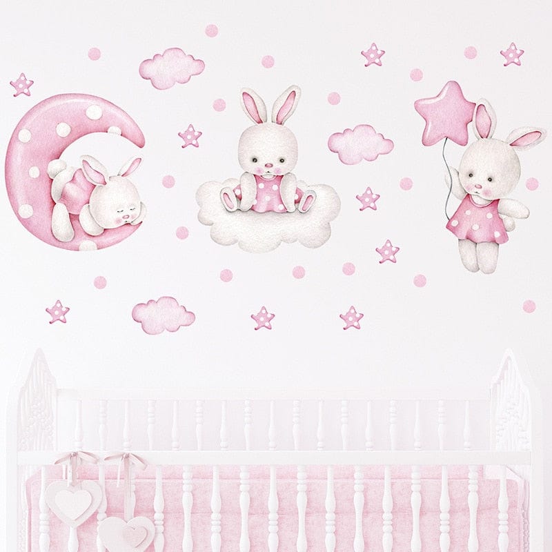 Baby Girls Room Wall Stickers Cartoon Pink Rabbit Wall Decals Bedroom Decoration Kids Room Nursery Room Kindergarten Stickers