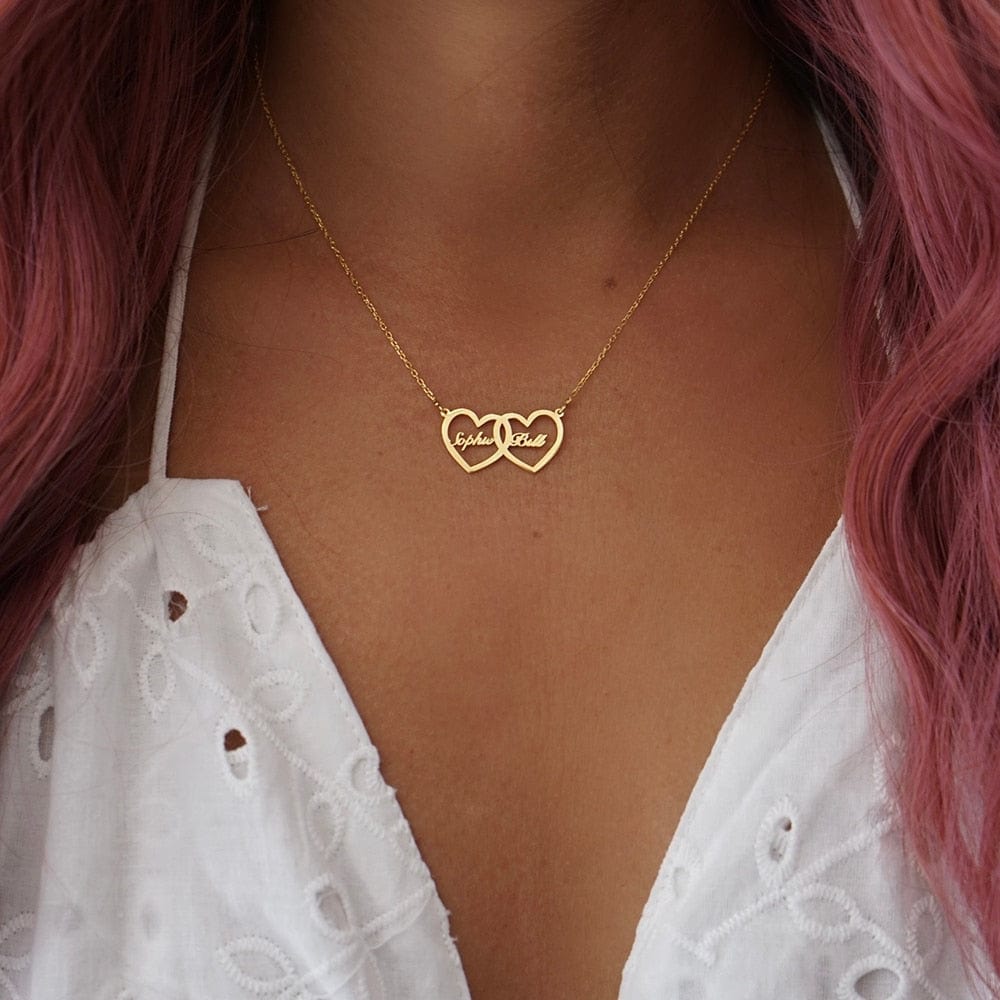 Personalized Two Name Necklace Gold Plated Heart Pendant Stainless Steel Customized Letter Choker for Women Unique Jewelry