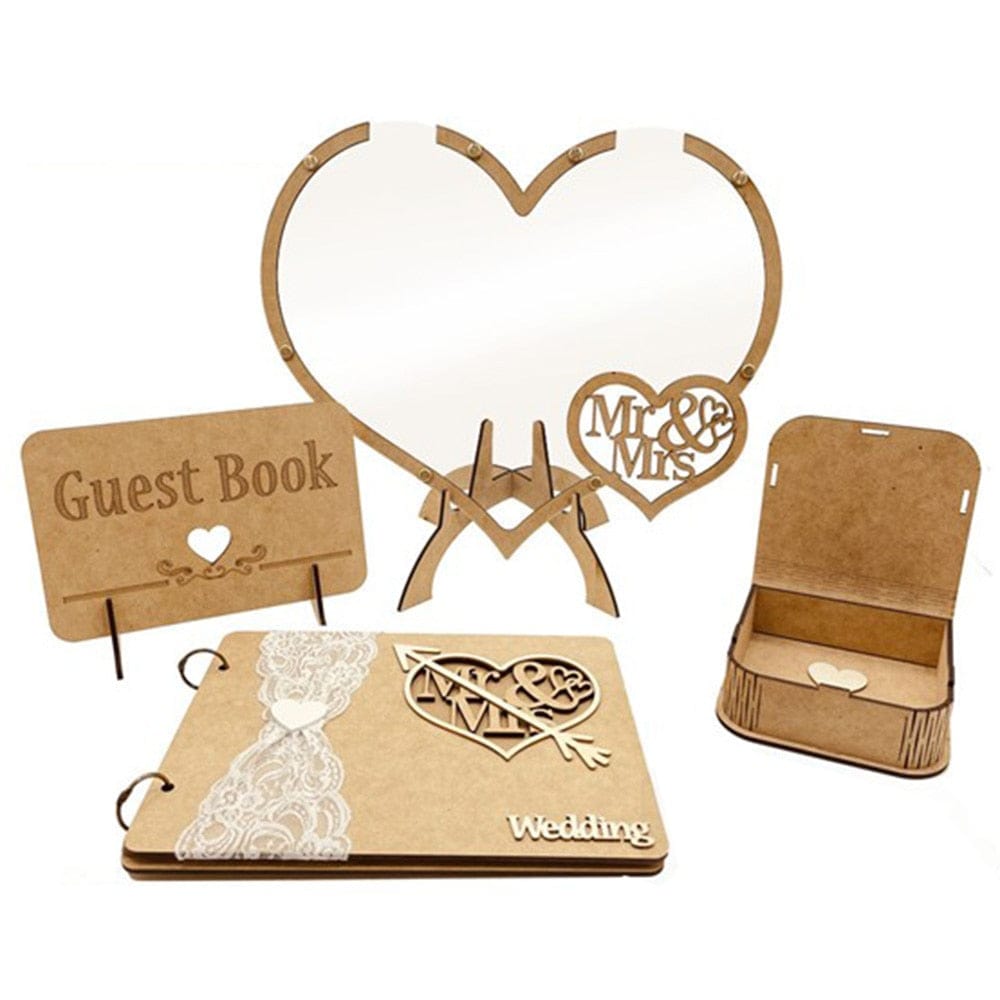 Personalized Wedding Guest Book 4pcs Set Rustic Sweet Heart Drop box