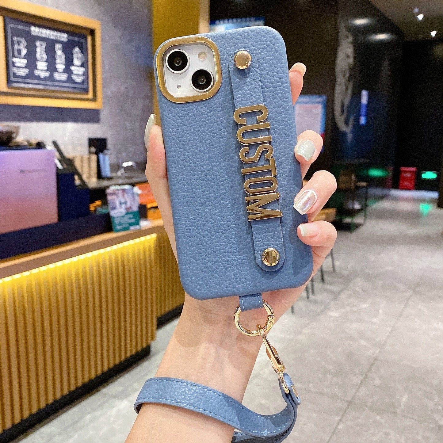 Personalize Name Strap PU Leather Phone Case For iPhone 11 12 13 14 Pro Max Plus Lanyard Diamond Metal Letter Monogram Cover