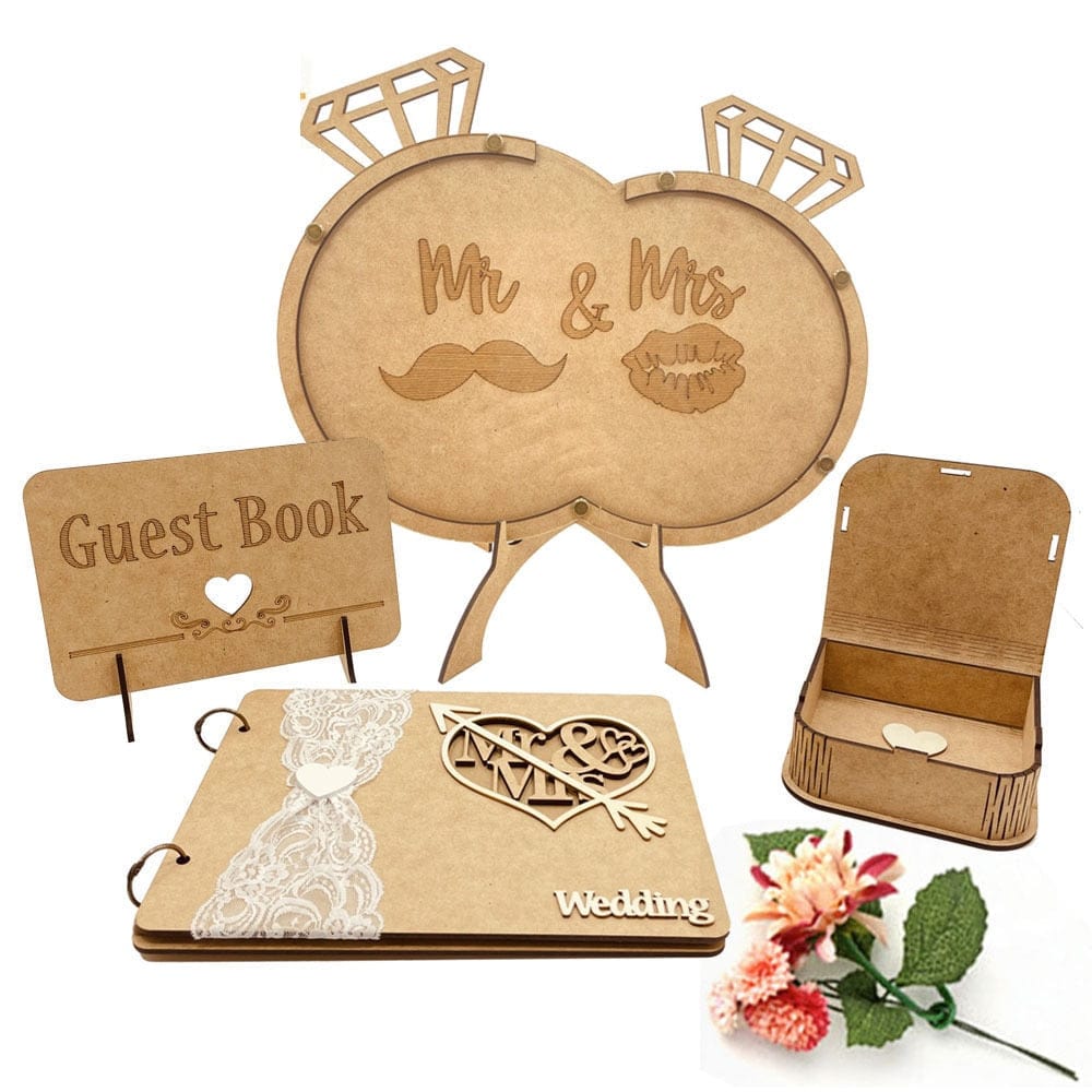 Personalized Wedding Guest Book 4pcs Set Rustic Sweet Heart Drop box