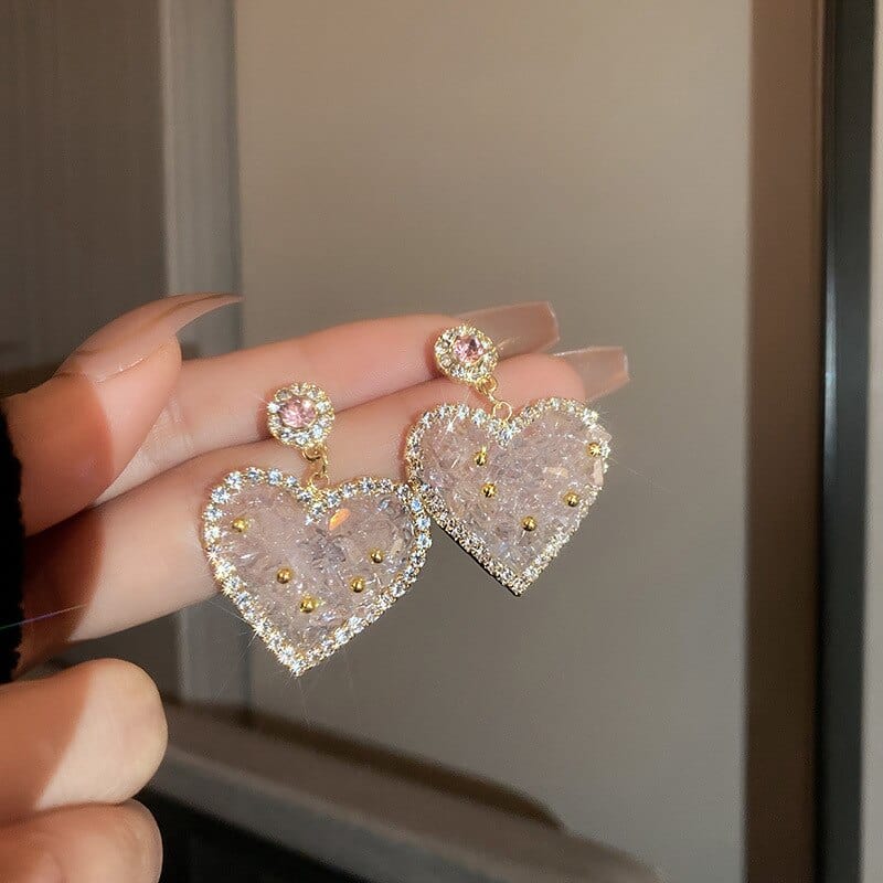 Fashion Rhinestone Transparent Pink Heart Earrings for Women Advanced Design Luxury Zircon Earrings Wedding Party Jewelry Gift