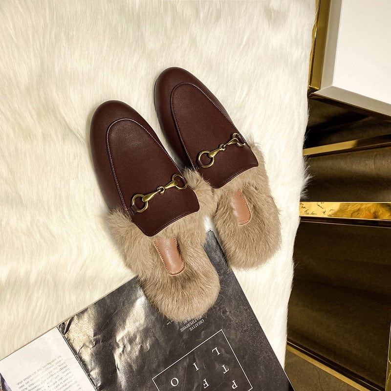 Buckle Fashion Rabbit Hair Muller Shoes Fur Slippers Women's Half Slippers