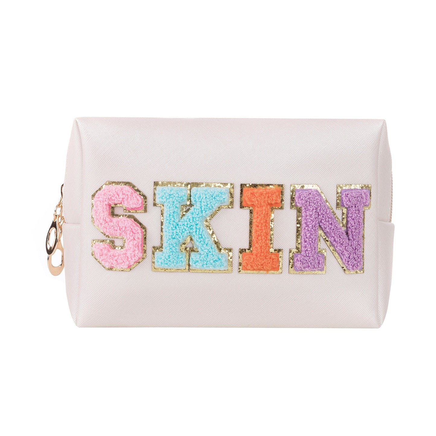 Women Girls Preppy Patch Waterproof Chenille Letter Skincare PU Leather Portable Makeup Cosmetic Toiletry Bag for Daily Use