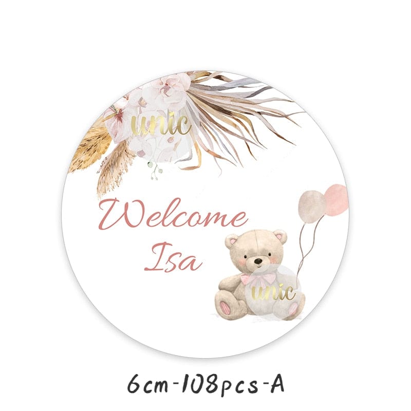 Personalise Pampas Grass Boho Bear Round Sticker Water Bottle Labels 1st Birthday Baby Shower Welcome Baby Baptism Decor Custom